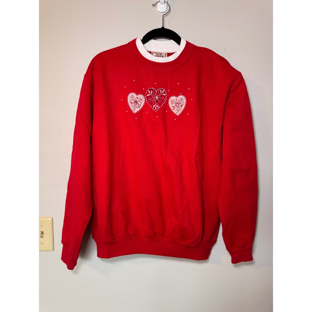 Top Stitch by Morning Sun Red Heart Embroidered Sweatshirt Double Collar Large